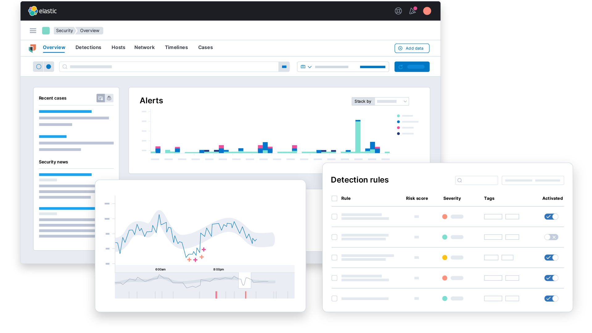 lastic Security for SIEM, with SOC dashboard, AI and ML analytics, and detection rules
